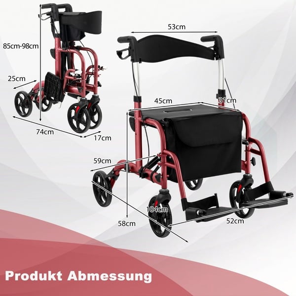 Lett sammenleggbar rollator og rullestol 2-i-1, rød
