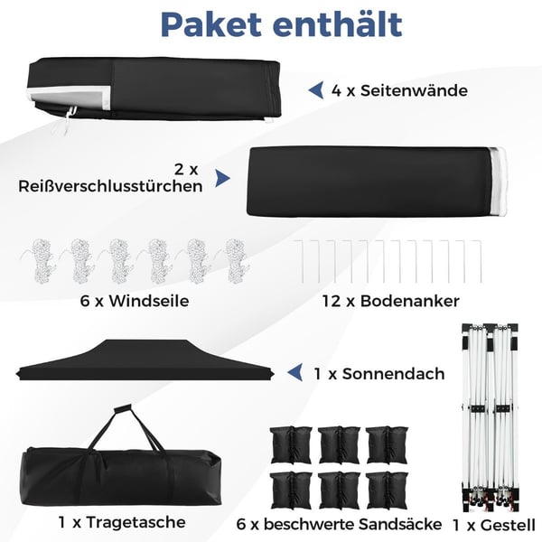 3x6 m pop-up kapelltält med avtagbara väggar, svart