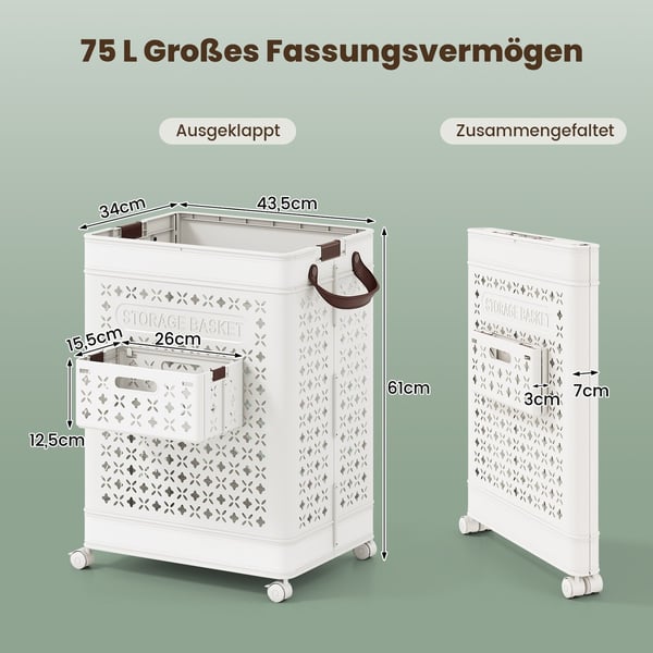 75L tvättkorg med hjul – platsbesparande, vit