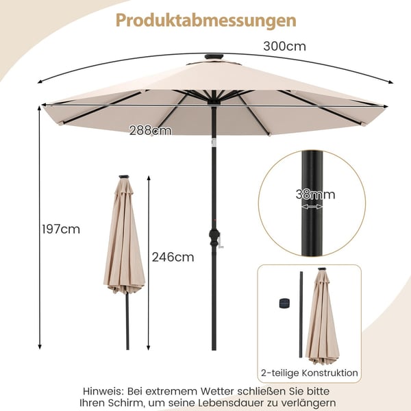 Terrasseparaply 300 cm med solcelle LED-lys, 9 moduser