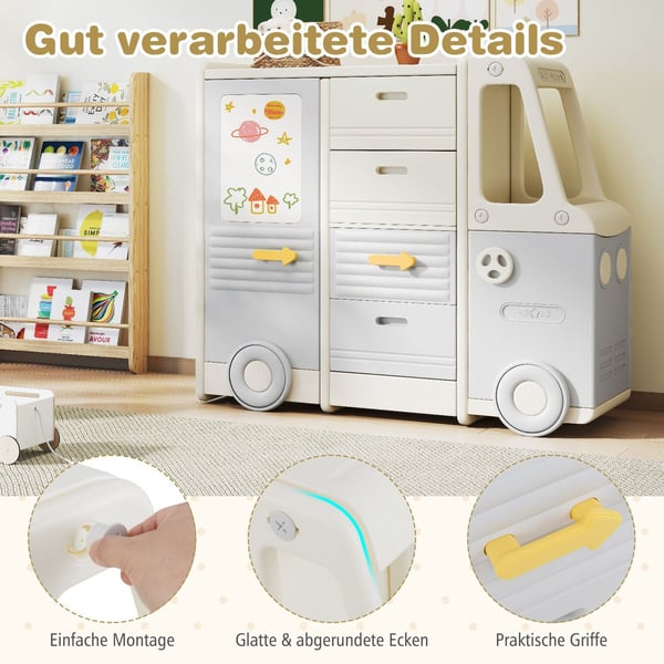 Leksaksförvaringshylla med whiteboard, bussdesign, 4 lådor
