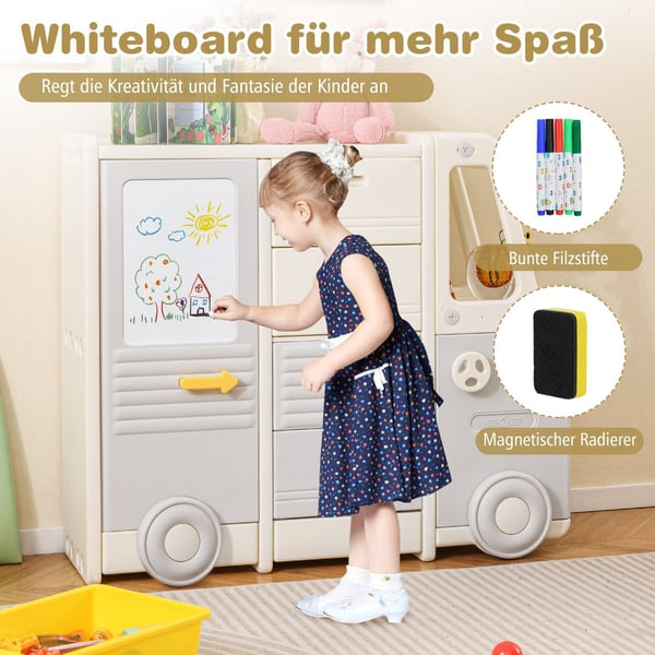 Leksaksförvaringshylla med whiteboard, bussdesign, 4 lådor