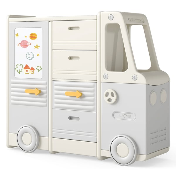 Leksaksförvaringshylla med whiteboard, bussdesign, 4 lådor Leksaksförvaringshylla med whiteboard, bussdesign, 4 lådor