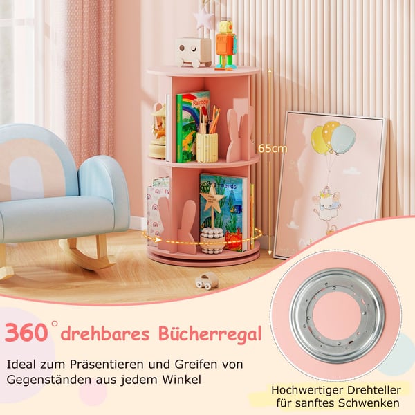 Roterende bokhylle for barn med 2 nivåer og kaninskillere, rosa