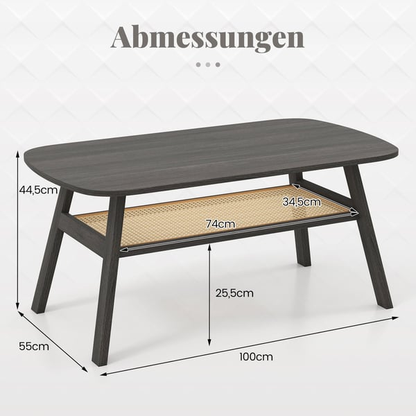 Tresalongbord med rottinghylle, 2-lags, 100x55x44,5 cm