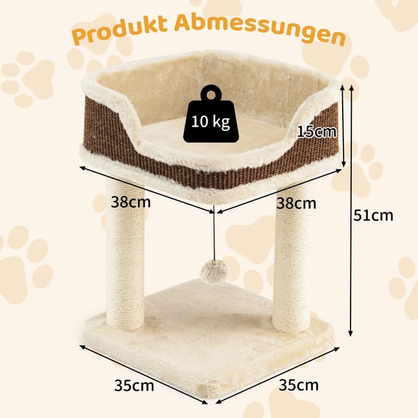 Kattträd med plyschsits, sisalstolpar och boll, beige
