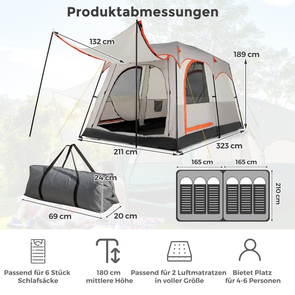 6-personers campingtelt med skillevæg og regnslag