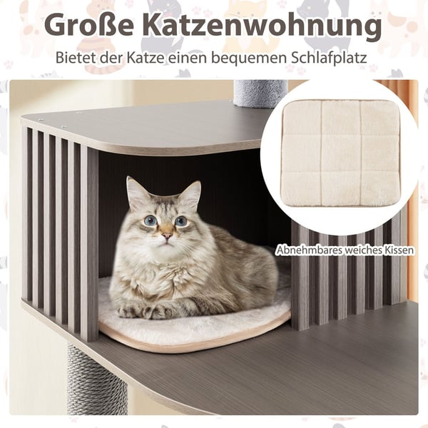 Kattträd med grotta & Sisal skrapbräda, 171 cm, Grå