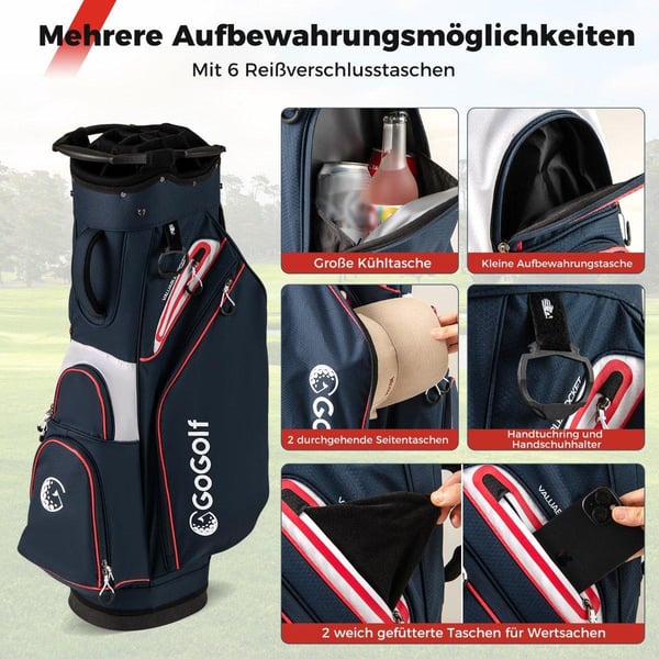 Golfvognbag, 14-veis skillevegg, vanntett, marineblå