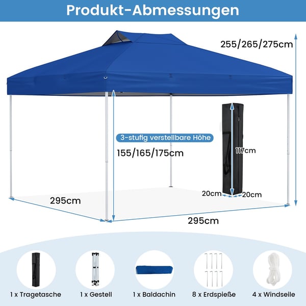 Pop-Up Paviljong, Vattentät UV 50+ Blå, 3x3m