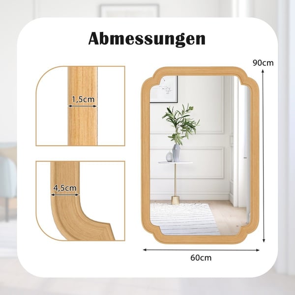 Rektangulär väggspegel med träram, 90x60 cm