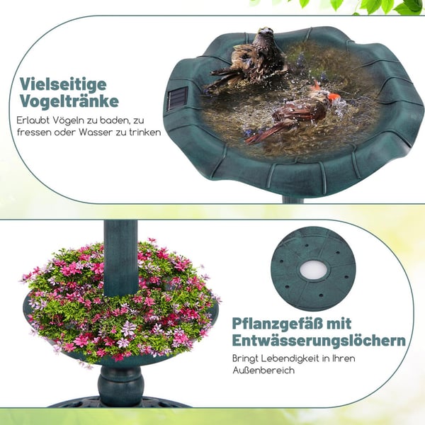 Solcelledrevet fuglebad med LED-lys og plantekasse