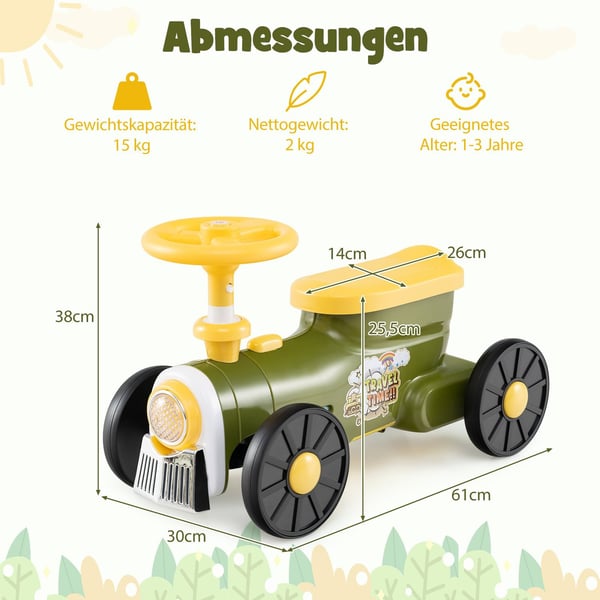 Ride-On tog til børn med rat og opbevaring, grøn