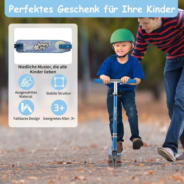 Sammenleggbar barnescooter med LED-hjul og justerbart styre