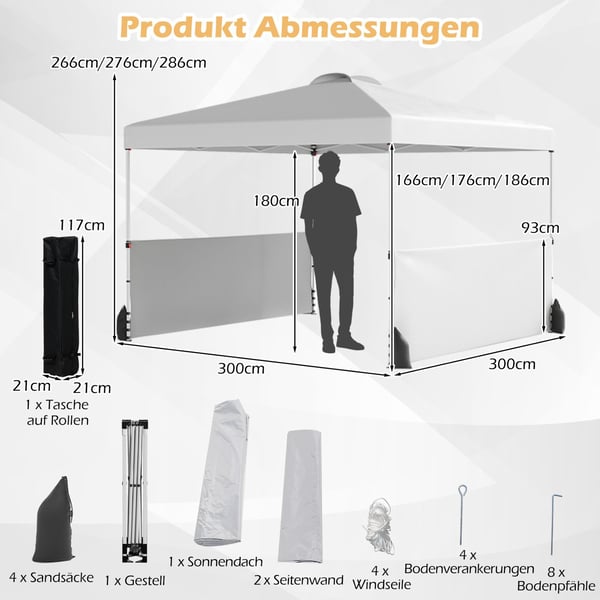 Pop-up pavillon 3x3m med sider, taske, vindreb, hvid