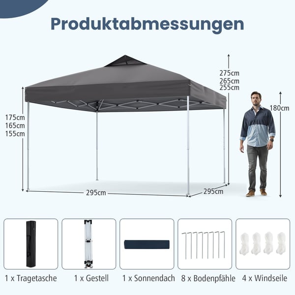 3x3m vanntett pop-up lysthus, UV 50+ grå