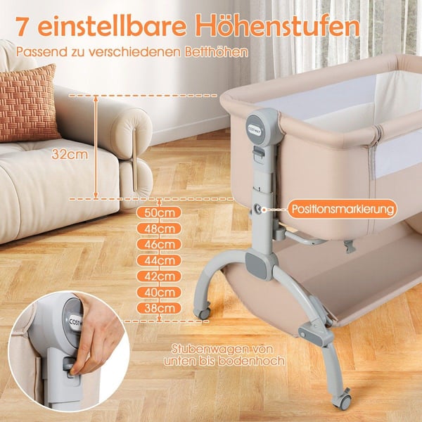 Justerbar babykorg med hjul – Beige, 7 höjdnivåer