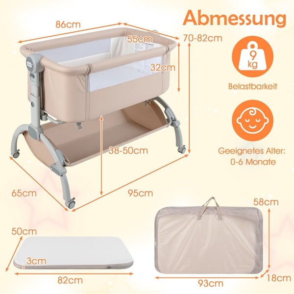 Justerbar babykorg med hjul – Beige, 7 höjdnivåer