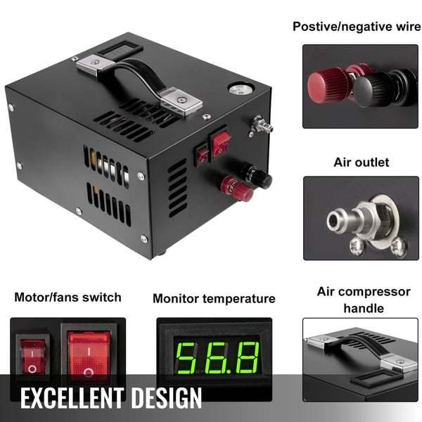AC 220V/DC 12V 300W 30MPa/300Bar bärbar elektrisk PCP-luftkompressor med tryckmätare/LED-skärm/kylfläkt, lätt att ansluta