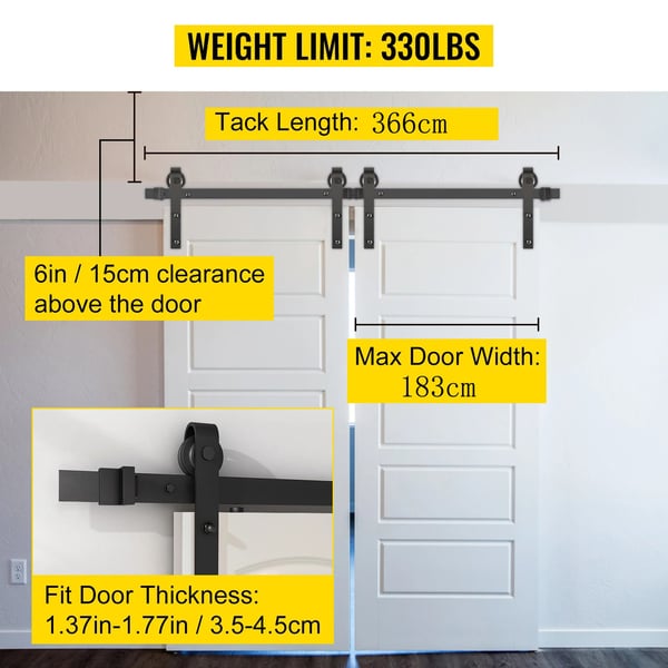 366cm 150kg lastkapacitet klassisk ladugårdsdörr skjutspårsats, kolstålmaterial, smidig och tyst glidning, enkel och snabb montering