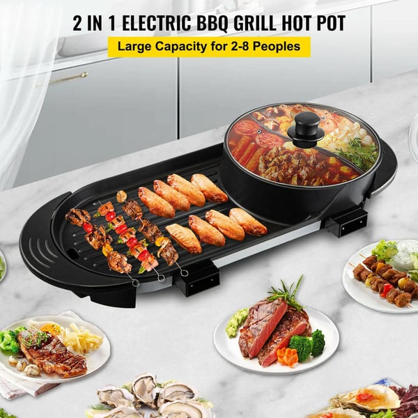 2-i-1 elektrisk inomhusgrill, BBQ-panna med oljeläckage, oberoende temperaturkontroll, 5 temperaturnivåer, stor kapacitet
