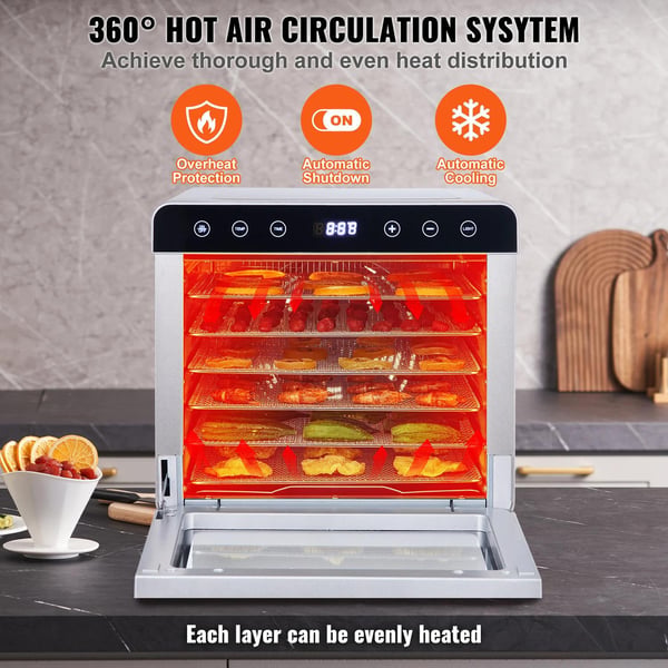 700W elektrisk mattorkare med 6 brickor, 360° varmluftscirkulationssystem, justerbar timer och temperatur