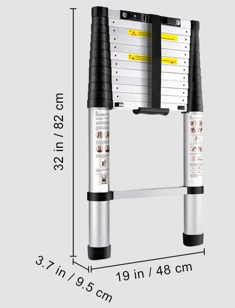 12,5 fot/380 cm 170 kg lastkapacitet säker teleskopisk stege, hög stabilitet, en knapp indragning, lätt att bära och förvara