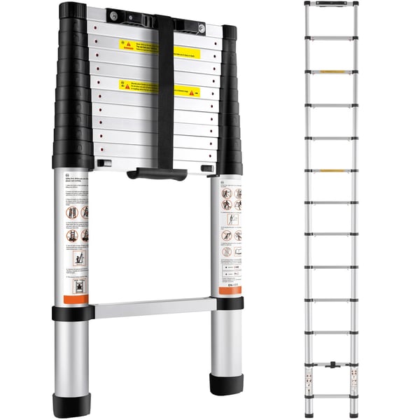 12,5 fot/380 cm 170 kg lastkapacitet säker teleskopisk stege, hög stabilitet, en knapp indragning, lätt att bära och förvara