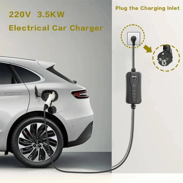 3,5KW 110V-250V 8-10-13-16A justerbar ström 1fas Typ 2 bärbar elbilsladdare, 5 meter lång, multipelskydd, LED-display