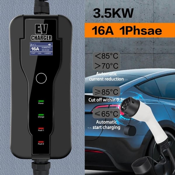 3,5KW 110V-250V 8-10-13-16A justerbar ström 1fas Typ 2 bärbar elbilsladdare, 5 meter lång, multipelskydd, LED-display