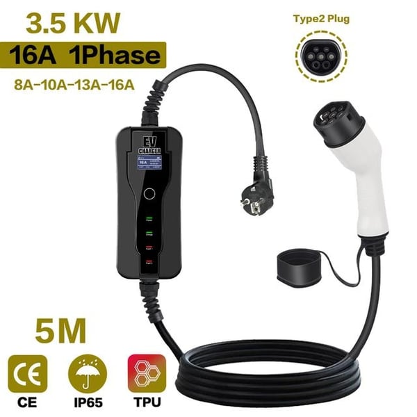 3,5KW 110V-250V 8-10-13-16A justerbar ström 1fas Typ 2 bärbar elbilsladdare, 5 meter lång, multipelskydd, LED-display