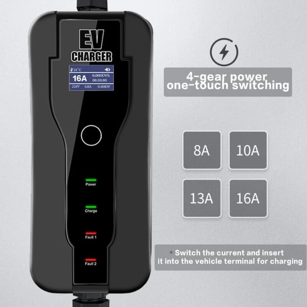 3,5KW 110V-250V 8-10-13-16A justerbar ström 1fas Typ 2 bärbar elbilsladdare, 5 meter lång, multipelskydd, LED-display
