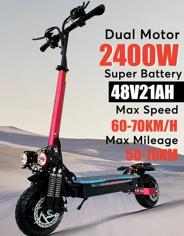 2400W-48V-21Ah elektrisk skoter med dubbla motorer, hopfällbar elsparkcykel, elskoter, 60-70km/h, 50-70km räckvidd, 10 tums däck
