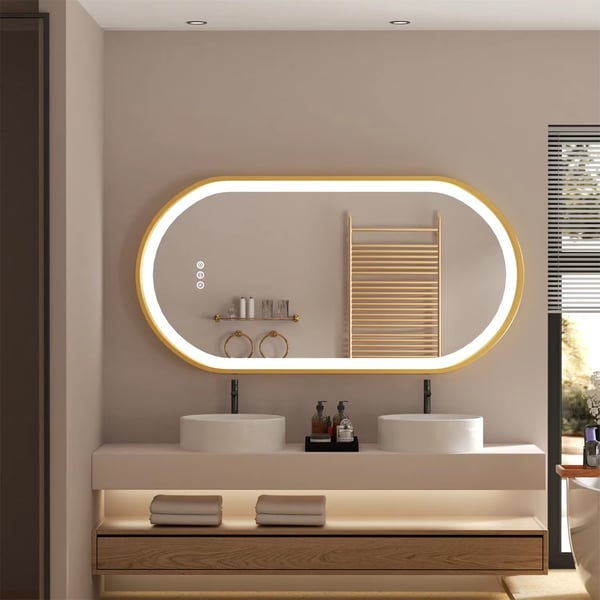 50x100cm 30W oval badrumsspegel med guldram och LED-belysning, dimbar anti-dimma smart sminkspegel