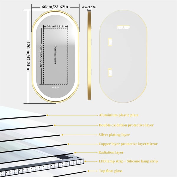 60x120cm 30W oval badrumsspegel med guldram och LED-belysning, dimbar anti-dimma smart sminkspegel