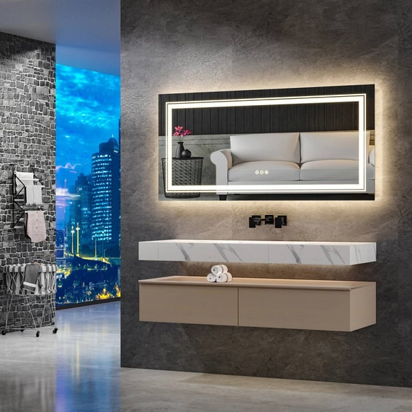 105x50cm 45W extra stor rektangulär badrumsspegel med LED-bakgrundsbelysning, dimbar anti-dimma sminkspegel
