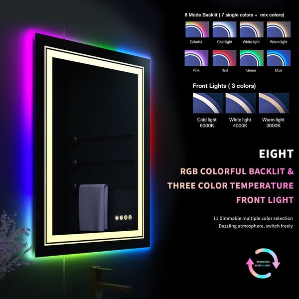 700x900mm 60W väggmonterad badrumsspegel med RGB-bakgrundsbelysning, vattentät anti-dimma sminkspegel