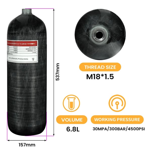 4500psi/300Bar 6,8L kolfibercylinder med ventil, högtryckstank för dykning med M18*1,5 gänga