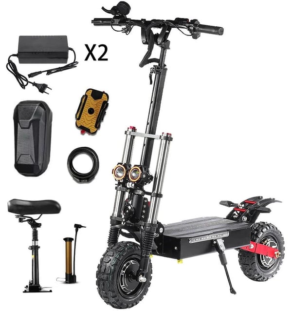 6000W-60V-38.4Ah elektrisk terrängskoter för vuxna med dubbla motorer, 140km räckvidd elsparkcykel med 11" däck, elskoter