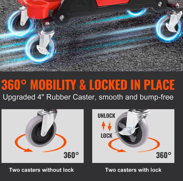 300 lbs rullande mekanikersäte med 4" hjul och 3 förvaringsbrickor, 360° rotation, stabil och hållbar
