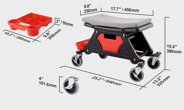 300 lbs rullande mekanikersäte med 4" hjul och 3 förvaringsbrickor, 360° rotation, stabil och hållbar