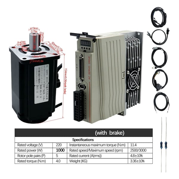 1000W 220V 2500 rpm 3,8Nm servomotor med broms kit för CNC-gravyrmaskin, 17-bitars absolutvärde
