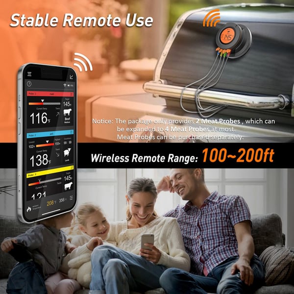 0-380°C smart Bluetooth matlagningstermometer med 2 sonder, grilltermometer med app-kontroll, avtagbar design