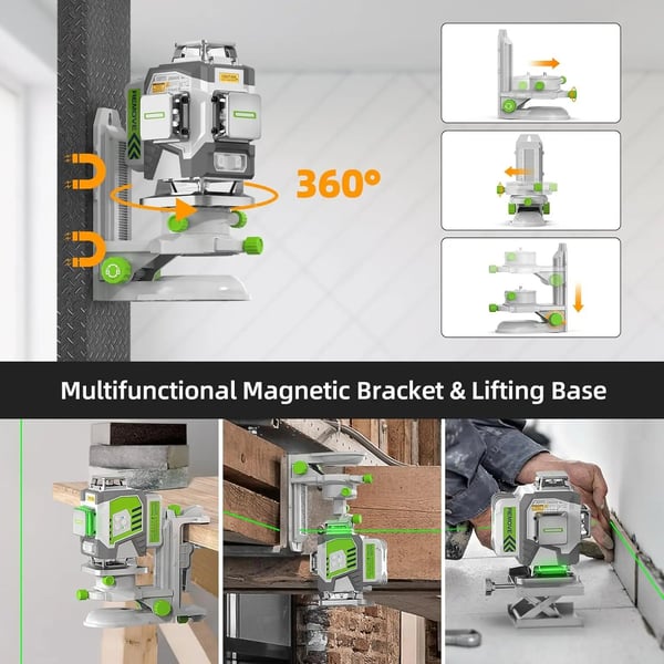 4D 16-linjers professionell högprecisionslasernivå med detektor och stativ, gröna hårkors, automatiskt nivelleringsläge, pulsläge
