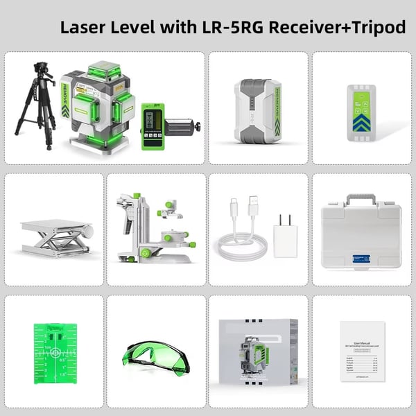 4D 16-linjers professionell högprecisionslasernivå med detektor och stativ, gröna hårkors, automatiskt nivelleringsläge, pulsläge