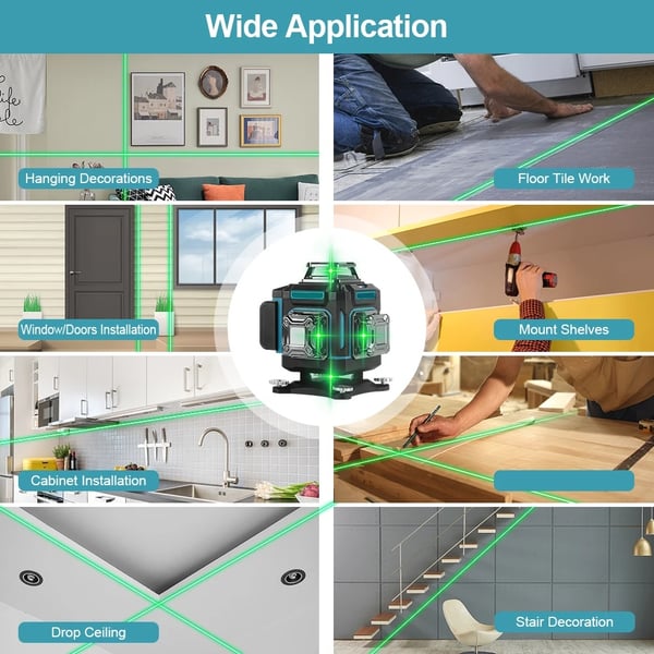 16-linjers 4D 360° digital grön lasernivå med 2st 4000mAh litiumbatterier och tillbehör, automatisk nivellering, APP-kontroll