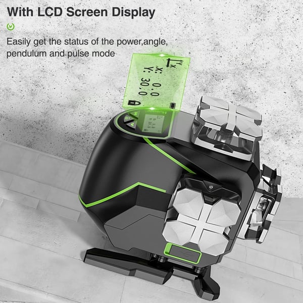 4D 16-linjers LCD-display grön lasernivå med kompletta tillbehör, Bluetooth APP-kontroll, självnivellerande läge, pipsignalpåminnelse