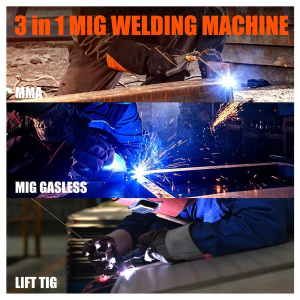 3-i-1 MIG/TIG/MMA halvautomatisk svetsmaskin med TIG-brännare, invertersvetsmaskin med säkerhetsskydd, ingen gas behövs