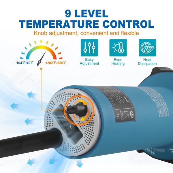 1600W 30-680°C 180L/min plastsvetspistol med flera munstycken, elektrisk varmluftspistol, låg ljudnivå