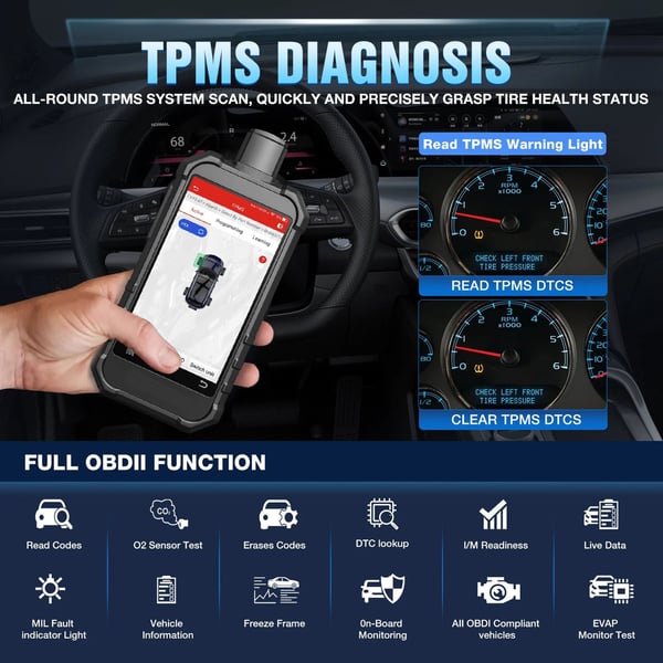 däcktrycksdiagnostikverktyg för 315/433 MHz-sensorer, full OBD-funktionalitet och 12 återställningar